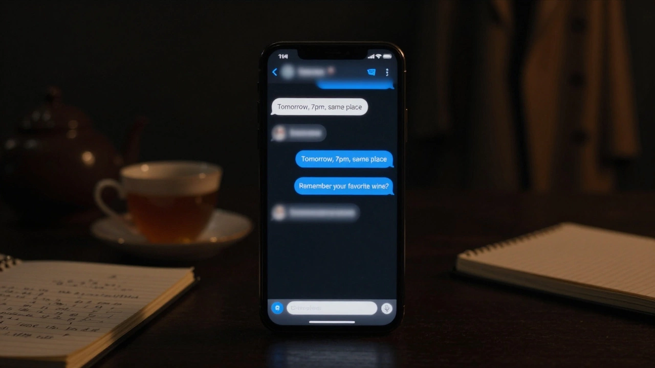 A burner phone displays encrypted messages in a dark room, tea cups and notes scattered nearby.