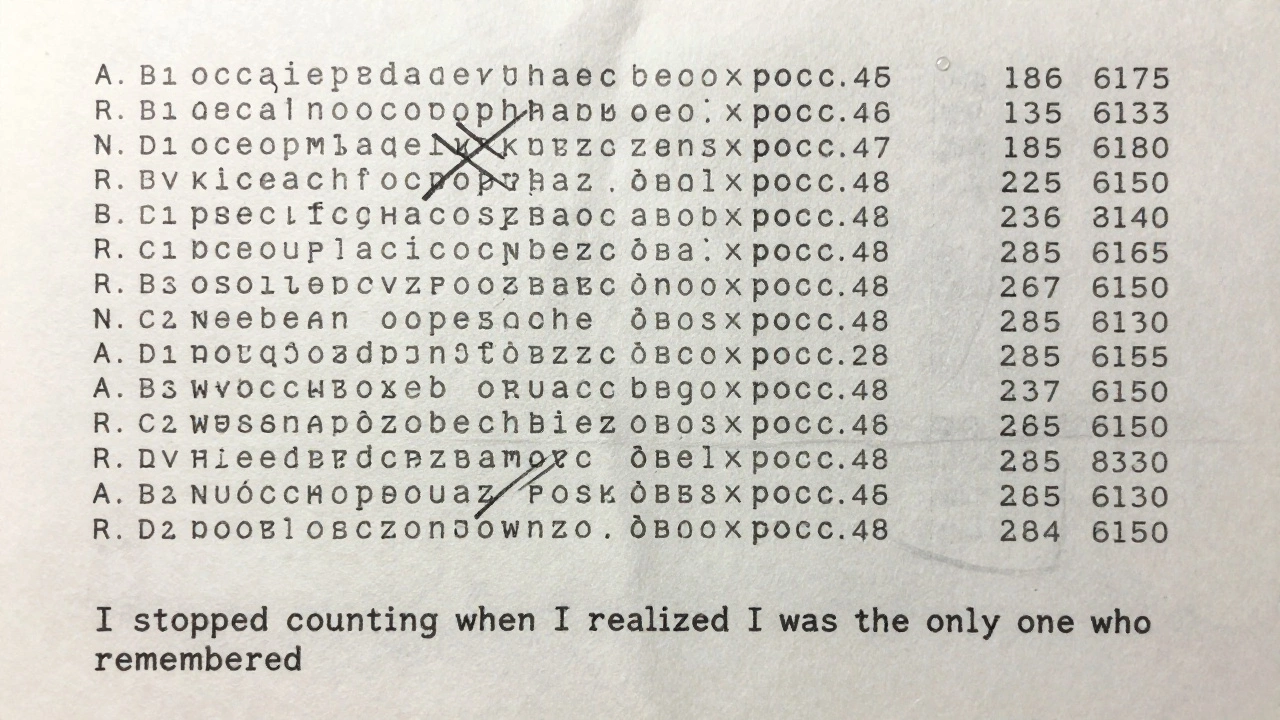 A typed list of initials, dates, and payments on crumpled paper, with one line reading &#039;I stopped counting when I realized I was the only one who remembered.&#039;