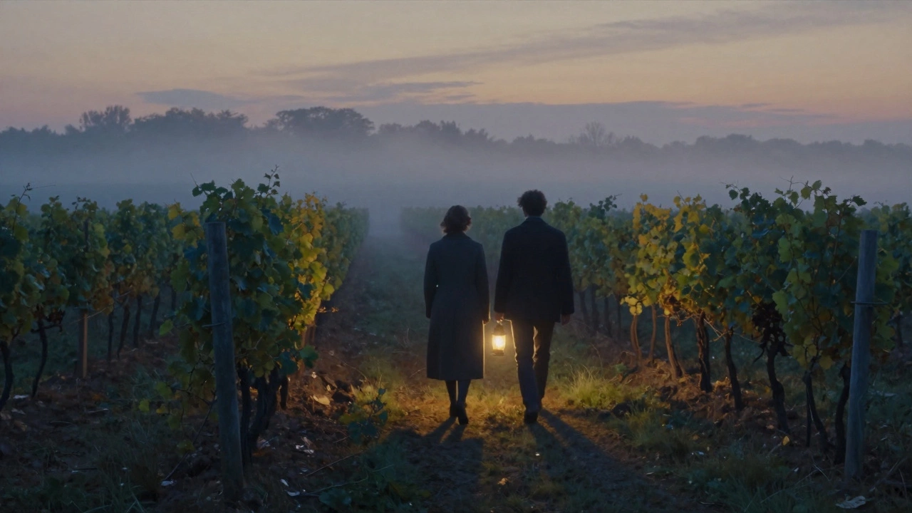 A woman and man walking through a misty vineyard at dusk outside Reims, shadows stretching long.