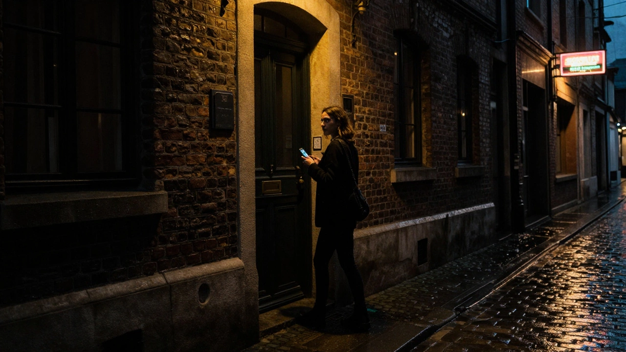 A woman exiting a building in a rainy Reims alley, holding a phone, surrounded by noir-style shadows.