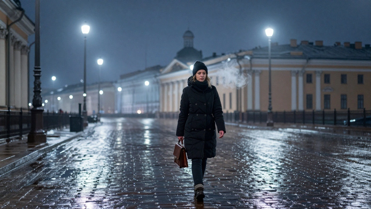 A woman walks alone under frosty streetlights in St. Petersburg, reflections glimmering on wet cobblestones.