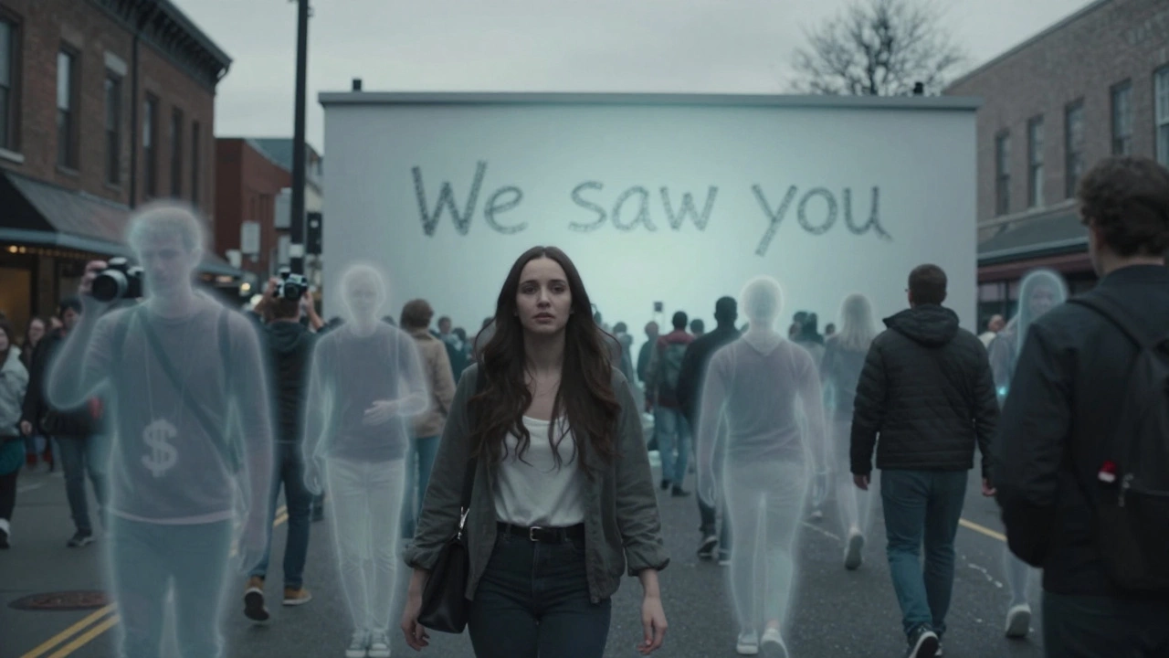 A woman walks through a quiet street as ghostly images of observers and money hover behind her, with chalk words &#039;We saw you&#039; glowing on a distant wall.